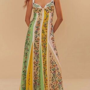 FARM RIO Floral Panel Maxi Dress in Green, Yellow & Pink